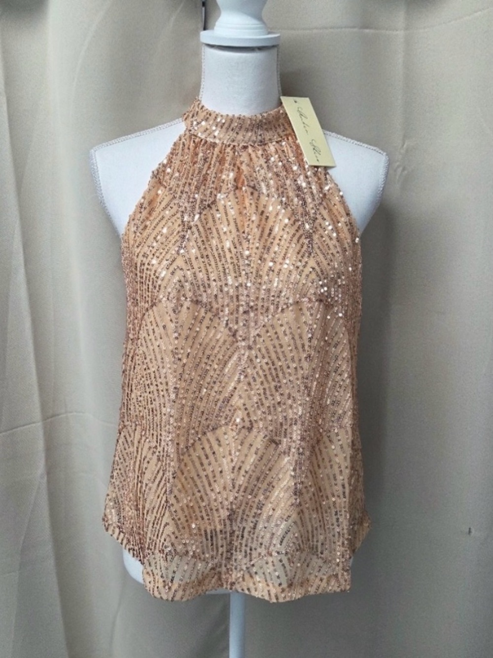 NWT Glamorous Sequin Halter Blouse - Beige